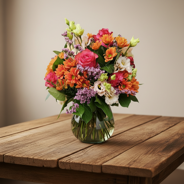 Farbenfroher Herbststrauss mit Chrysanthemen, Rosen und Lisianthus