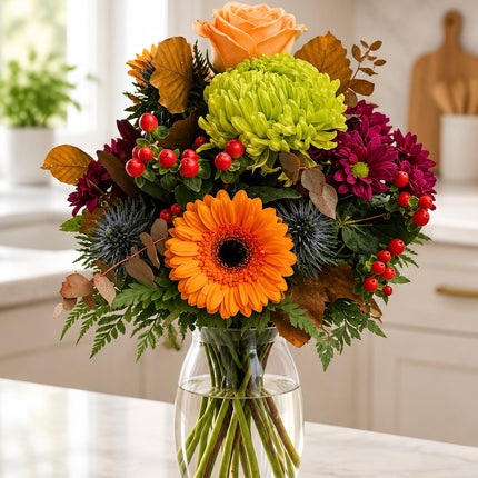 Herbstlicher Blumenstrauss in Orange, Gelb und Grün