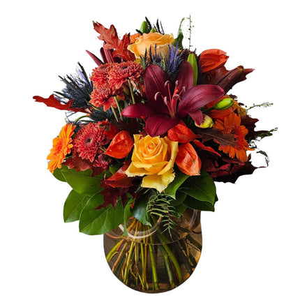 Herbststrauss mit Rosen Lilien Chrysanthemen und Physalis in Orange Rot Gelb und Bordeaux in Zürich
