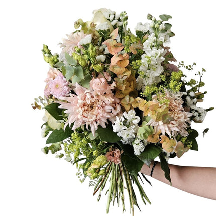Blumenstrauss mit weissen Chrysanthemen, Eukalyptus und Alchemilla in sanften Pastelltönen