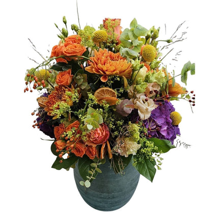 Goldener Herbst Blumenstrauss mit Chrysanthemen und Rosen in Orange und Gold