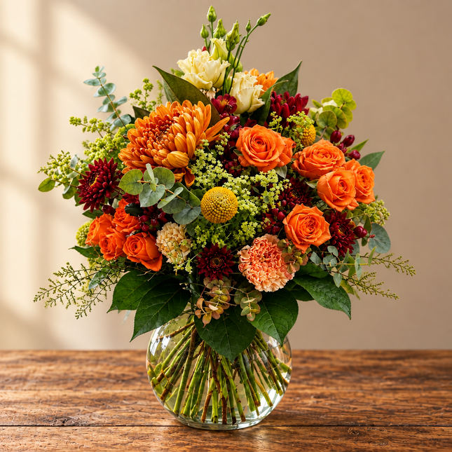 Herbstmorgen Blumenstrauss mit Chrysanthemen und feinen Sprayrosen