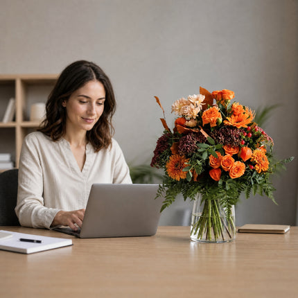 Leuchtender Herbststrauss in Orange mit Chrysanthemen, Rosen und Hagebutten liefern lassen Zürich