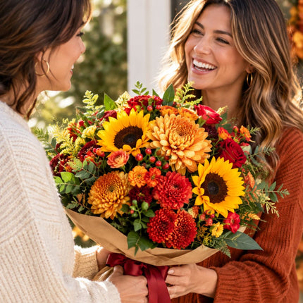 Herbstlicher Sonnenblumen Strauss mit Chrysanthemen und Rosen in warmen Herbstfarben  in Zürich liefern lassen.