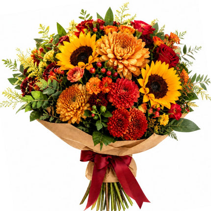 Herbstlicher Sonnenblumen Strauss mit Chrysanthemen und Rosen in warmen Herbstfarben online in Zürich bestellen