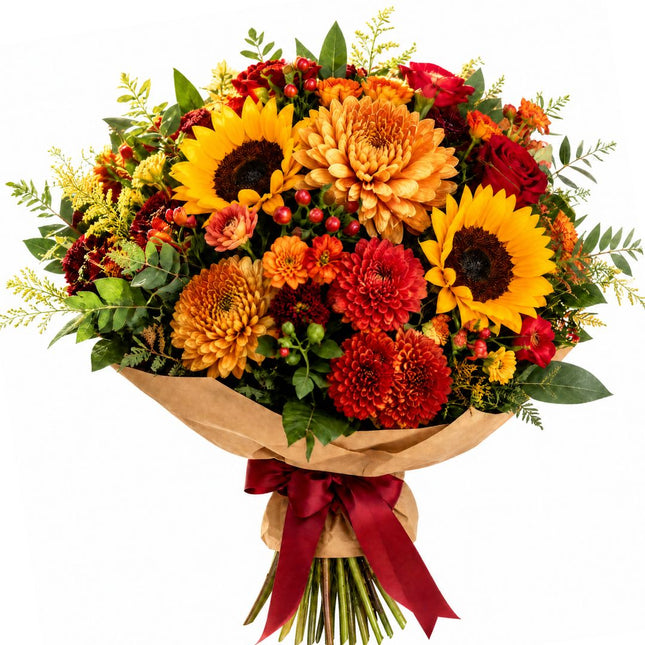 Herbstlicher Sonnenblumen Strauss mit Chrysanthemen und Rosen in warmen Herbstfarben online in Zürich bestellen