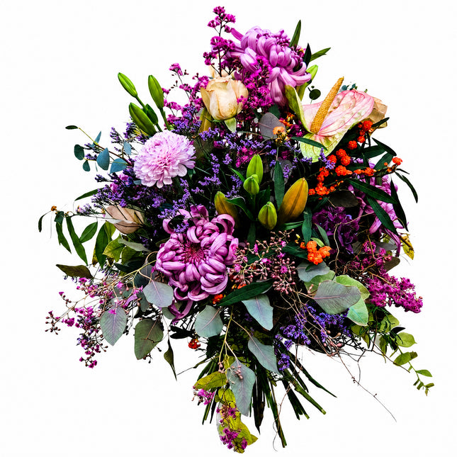 Blumenstrauss in Rosa und Violett mit Chrysanthemen, Lilien und saisonalen Blüten
