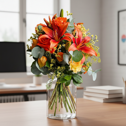 Oranger Blumenstrauss mit Rosen, Lilien, Nutans, Nelken, Eukalyptus und saisonalem Beiwerk