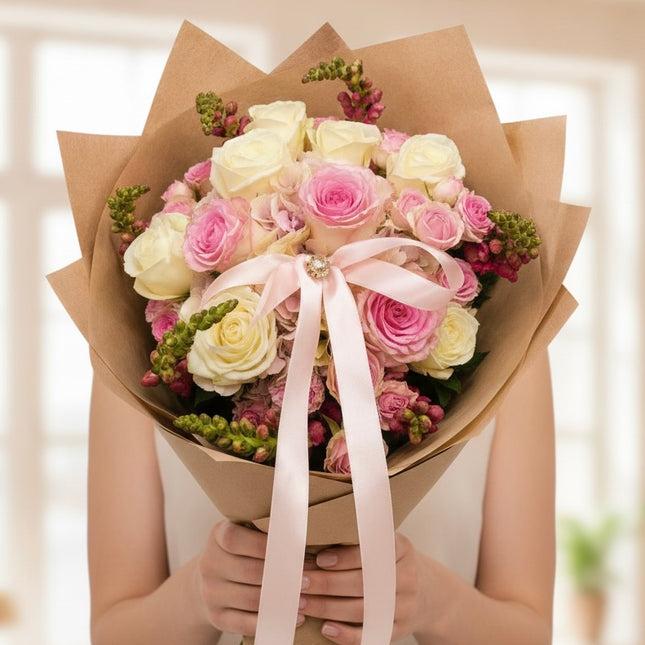 Romantischer Blumenstrauss mit rosa und cremefarbenen Rosen und Schleife