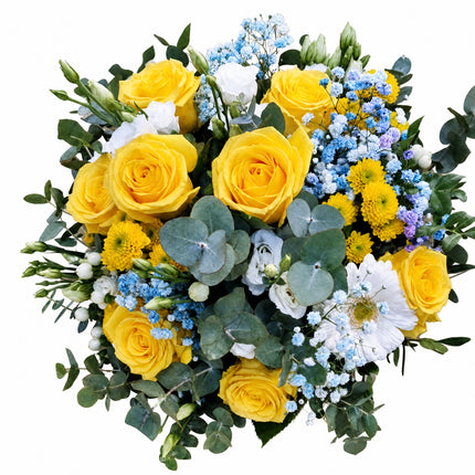 Blumenbouquet Happy You mit Rosen Eukalyptus Gypsophila und Germini als fröhliches Geschenk in Zürich online bestellen