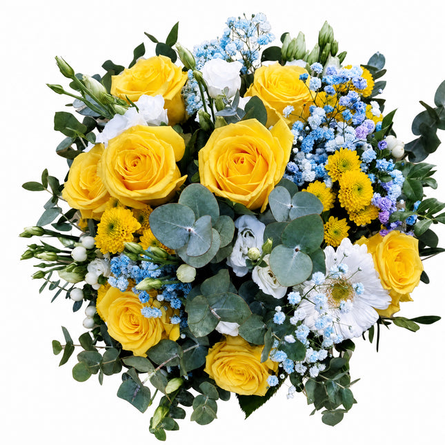 Blumenbouquet Happy You mit Rosen Eukalyptus Gypsophila und Germini als fröhliches Geschenk in Zürich online bestellen