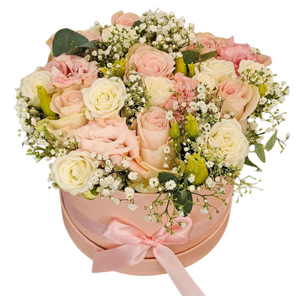 Rosenbox mit rosa und weissen Rosen Lisianthus Schleierkraut und Eukalyptus in Zürich bestellen