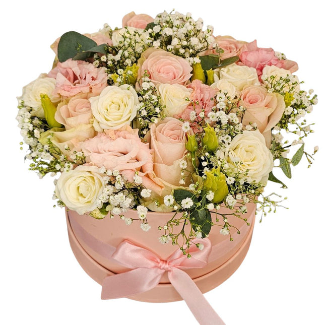 Rosenbox mit rosa und weissen Rosen Lisianthus Schleierkraut und Eukalyptus in Zürich bestellen
