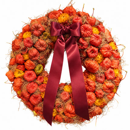 Herbstkranz mit Physalis in Orange und Rot mit Schleife online bestellen in Zürich
