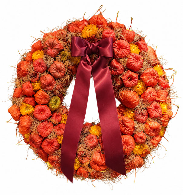 Herbstkranz mit Physalis in Orange und Rot mit Schleife online bestellen in Zürich

