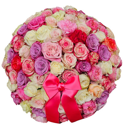 Luxuriöse Rosenbox mit Ecuador-Rosen in Rosa, Pink, Cremeweiss, Violett und Pfirsich. Jetzt online bei Blumen Krämer in Zürich bestellen.