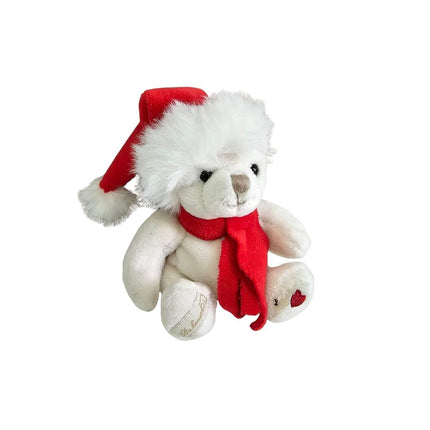 Teddy Schlüsselanhänger weiss mit Weihnachtsmütze und Herz auf dem Fuss