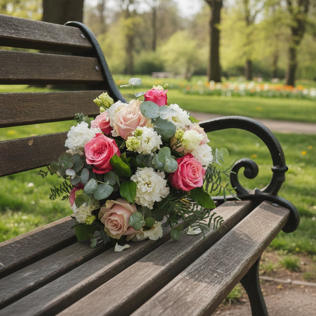 Soft Romance Blumenstrauss mit rosa Rosen weissen Blüten und Eukalyptus