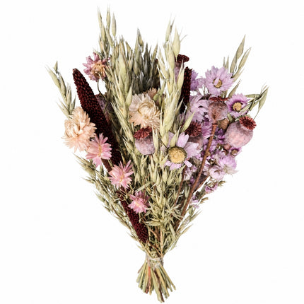 Trockenblumenstrauss mit rosa und lila Blüten und Gräsern