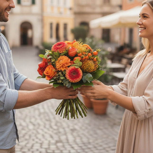 Herbstlicher Blumenstrauss mit saisonalen Blumen in Orange, Rot und Gold