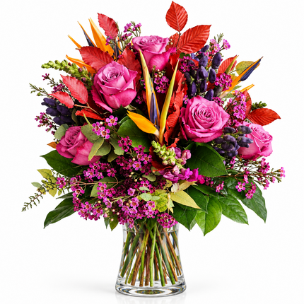 Herbstlicher Blumenstrauss mit pinken Rosen und warmen Herbsttönen