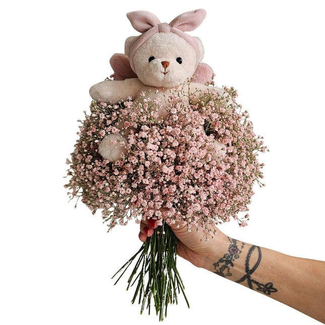 Geburtsstrauss mit Teddy in Rosa kaufen Zürich Blumenlieferung zur Geburt Mädchen 